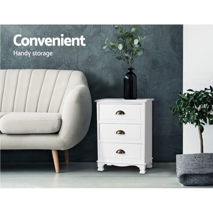 Artiss 2x Bedside Table 3 Drawers Vintage - THYME White - Image 4