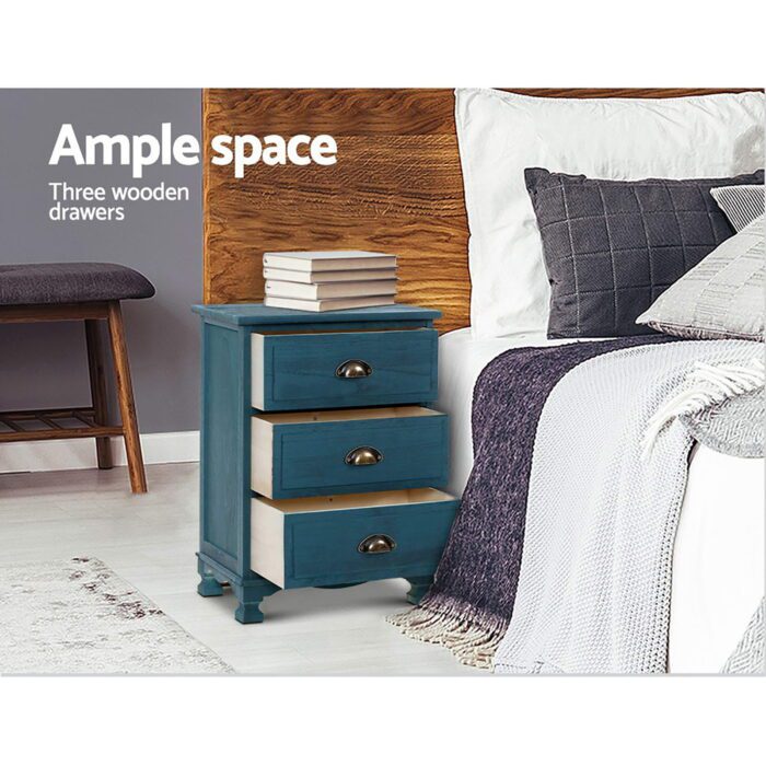 Artiss 2x Bedside Table 3 Drawers Vintage - THYME Blue - Image 5