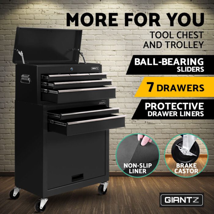 Giantz 7 Drawer Tool Box Cabinet Chest Trolley Toolbox Garage Storage Black - Image 4