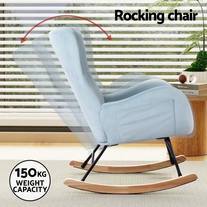 Artiss Rocking Chair Armchair Pillow Velvet Blue - Image 4