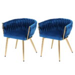1 Set of 2 Artiss Dining Chairs Velvet Weaving Armchair Blue