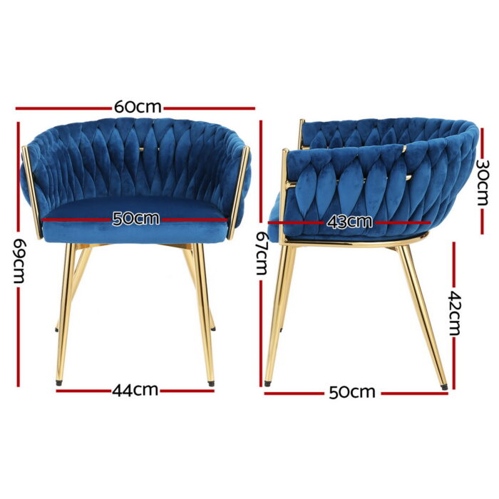 1 Set of 2 Artiss Dining Chairs Velvet Weaving Armchair Blue - Image 2