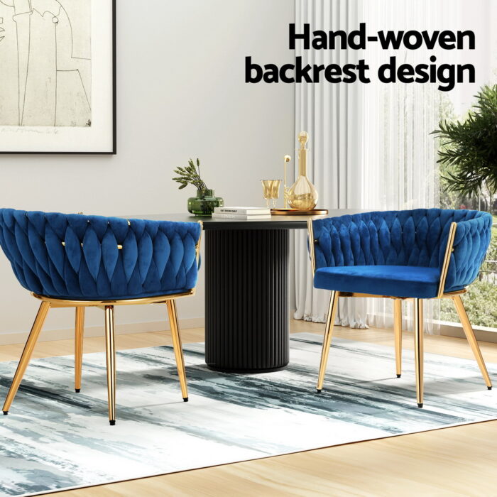 1 Set of 2 Artiss Dining Chairs Velvet Weaving Armchair Blue - Image 4