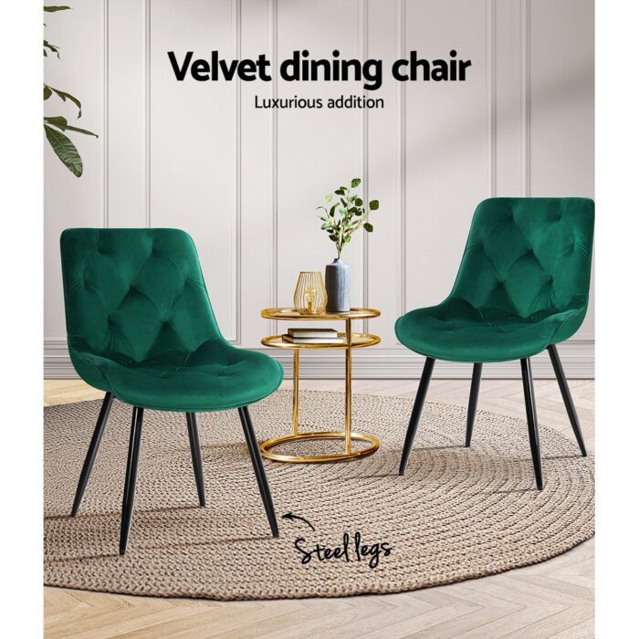 Artiss Dining Chairs Set of 2 Velvet Diamond Tufted Green - Image 4