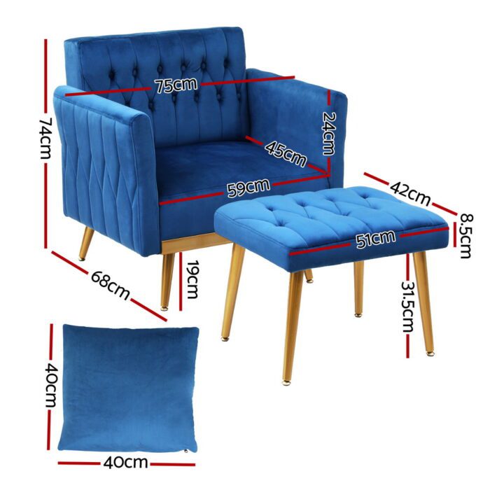 Artiss Armchair Ottoman Accent Chair Pillow Velvet Blue - Image 2