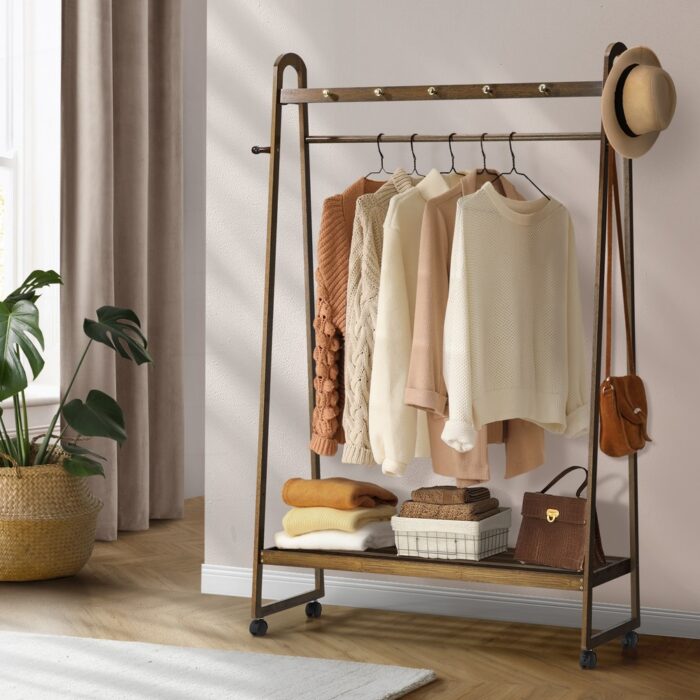 Oikiture Clothes Rack Hanging Rail Bamboo Portable Wheels - Image 8