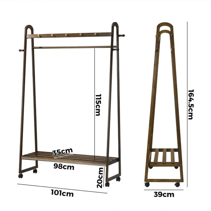 Oikiture Clothes Rack Hanging Rail Bamboo Portable Wheels - Image 2