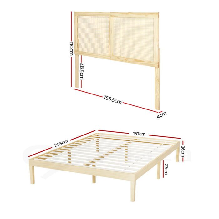Artiss Bed Frame Queen Size with Rattan Headboard Wooden Bed Base BRUNO - Image 3