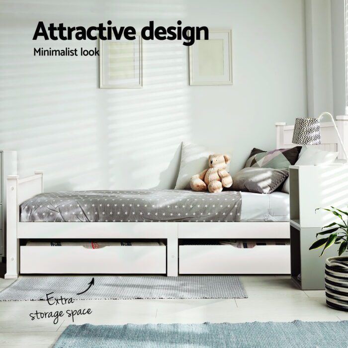 Artiss Bed Frame Single Size Wooden with 2 Drawers White RIO - Image 5