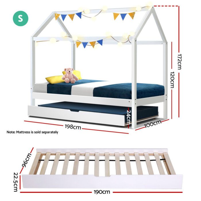 Artiss Bed Frame Wooden Trundle Daybed Kids House Frame White HOLY - Image 2