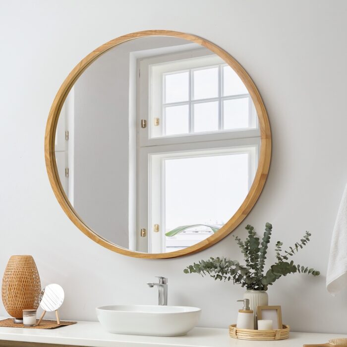 Oikiture Wall Mirror with Wood Frame 80cm Round - Image 2