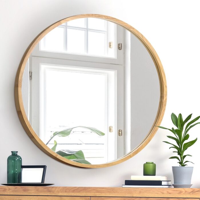Oikiture Wall Mirror with Wood Frame 80cm Round - Image 3