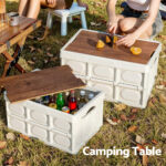 Gardeon Collapsible Outdoor Storage Box 50L Stackable Folding Camping Organizer Plywood Lid Beige - Image 6