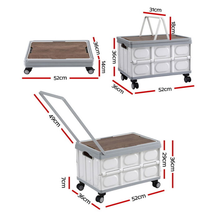 Gardeon Collapsible Outdoor Storage Box 54L Stackable Folding Camping Organizer Wheels Plywood Lid Beige - Image 3