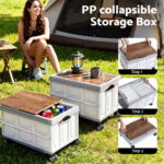 Gardeon Collapsible Outdoor Storage Box 54L Stackable Folding Camping Organizer Wheels Plywood Lid Beige - Image 5